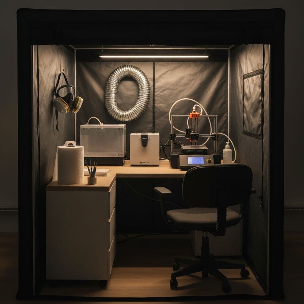 The studio: a 1.5x1.5m grow tent housing the resin printer, wash station, and ventilation