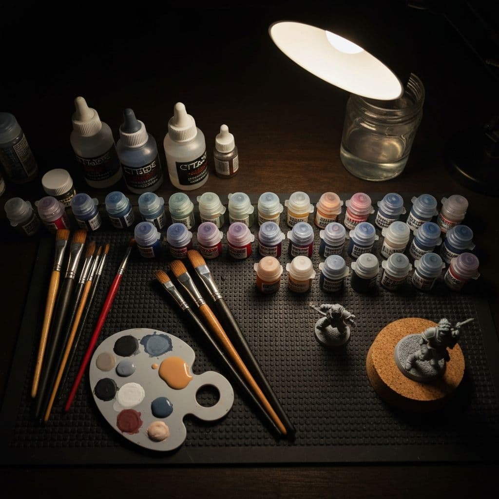 Painting desk at night — kolinsky brushes, wet palette, paint pots